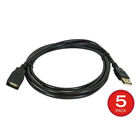 Monoprice USB Type-A to USB Type-A Female 2.0 Extension Cable - 6 Feet - Black (5 Pack) 28/24AWG, Gold Plated Connectors