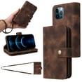 thumbnail image 1 of for iPhone 12 Pro / 12 Wallet Case, [Card Slots] PU Leather ID Credit Holder Folio Flip Kickstand Magnetic Clasp Phone Cover & Lanyard & Shoulder Strap for iPhone 12 Pro / 12, Brown, 1 of 8