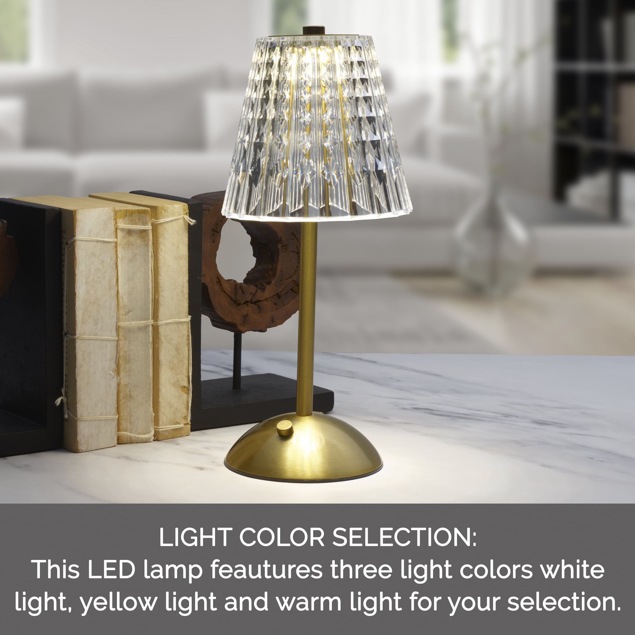 Home Accents 11 inch Acrylic and Metal Rechargeable Cordless LED Lamp with Shade, Clear