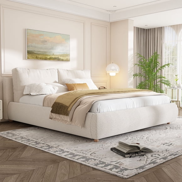 Queen Size Boucle Upholstered Bed with Hydraulic Lift Storage - White Bedroom Platform Bed Frame - 60''x80'' Solid Wood & Plywood Design
