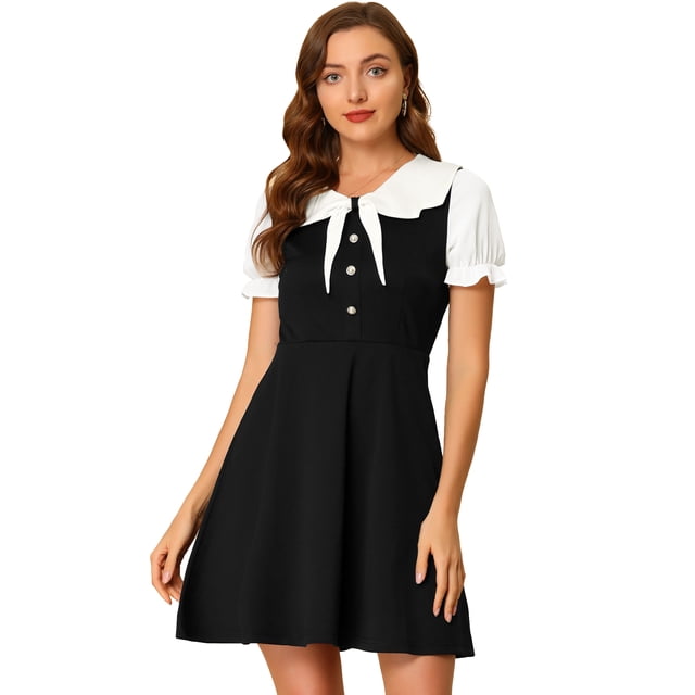 Vestido De Cuello De Muñeca Con Cuello De Pajarita En Contraste De Color Para Mujer Negro M Allegra K M