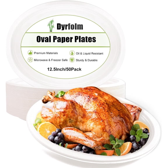 12.5 Inch Oval Paper Plates,50 Pack Disposable Paper Plates,Heavy Duty Disposable Oval Paper Dinner Plates,Large Oval Paper Plates for Party,Picnic,Compostable Biodegradable,Thicken (White)