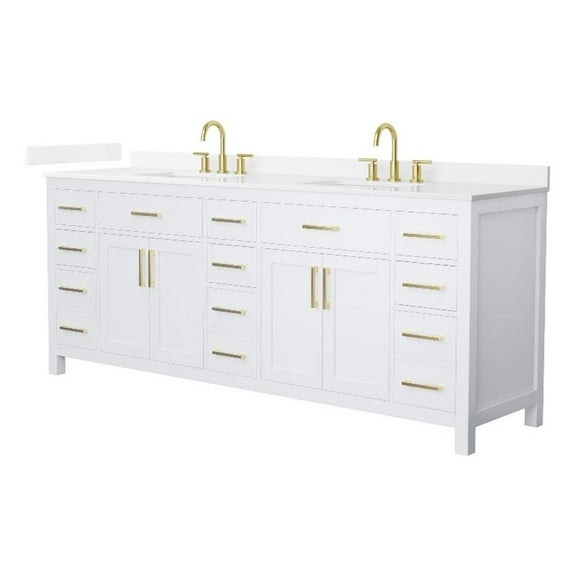 Beckett 84" White Double Vanity & White Quartz Top (3-Hole) & Gold Trim