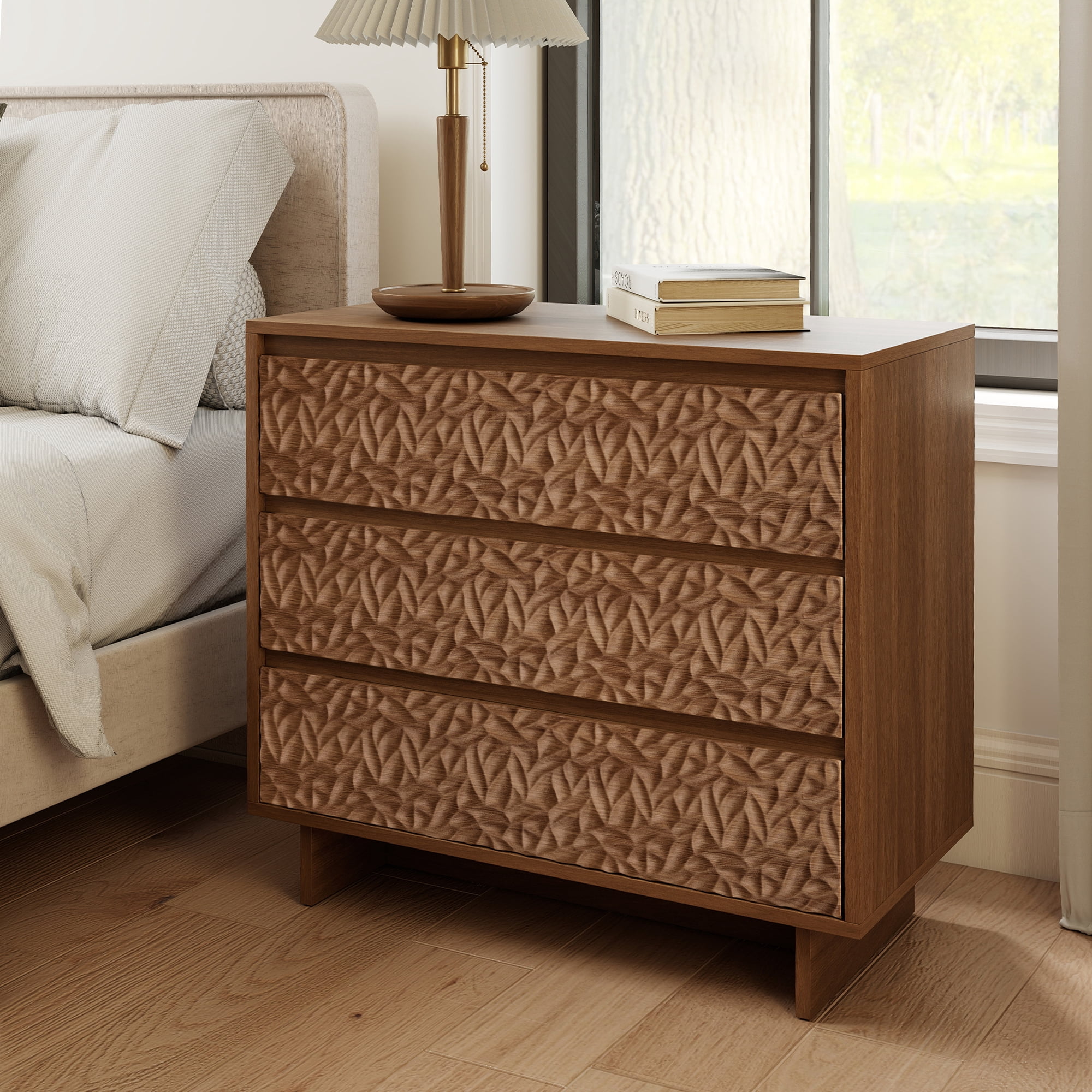 MOONMISS 3 Drawers Nightstand with Charging Station, Wood Night Stand with Waterproof Table Top for Bedroom, Livingroom, Dark Walnut