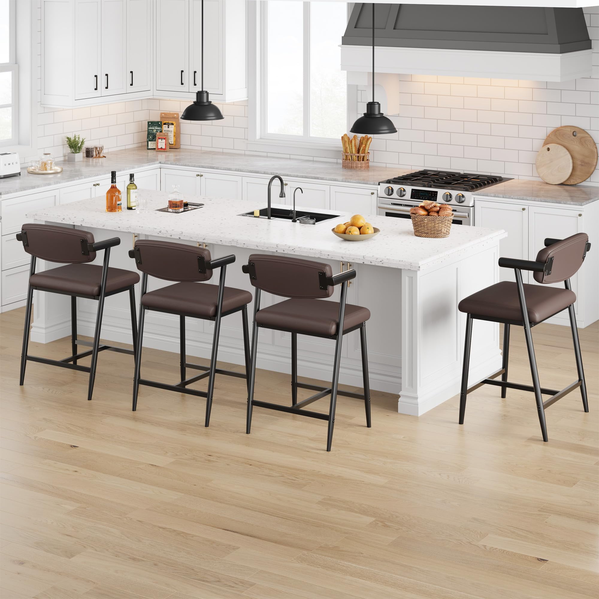 Towallmark 26.5 " Upholstered Counter Height Barstools, Wider Thickened Cushion Bar Stools Set of 4 with Armrest, Brown Leather