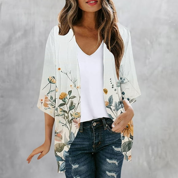 lcziwo 2024 Womens Hawaiian Shirt Kimono Women Floral Print Lightweight Chiffon Kimono Cardigan Half Sleeve Bohemian Kimono Loose Beach Wear Cover Up Blouse Top Multicolor L