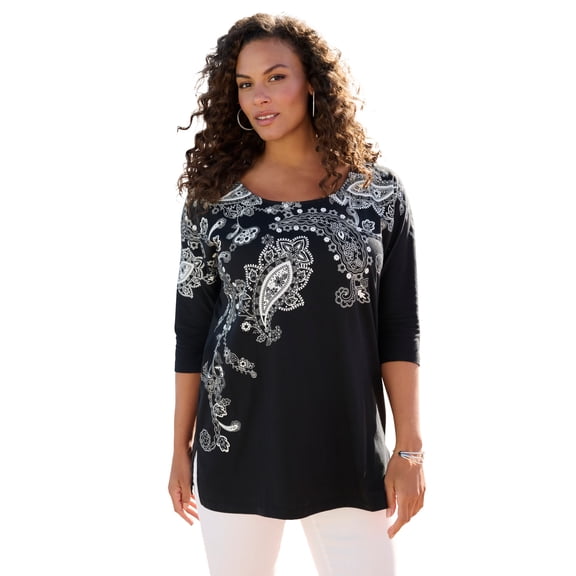 Roaman's Women's Plus Size Three Quarter Sleeve Embellished Tunic