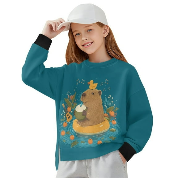 Xoenoiee Capybara Orange Duck Music Note Print Girls Oversized Sweatshirts Crew Neck Long Sleeve Shirts Casual Loose Slit 2025 Fall Outfits Y2K Teen Girls Clothes, 5-6 Years