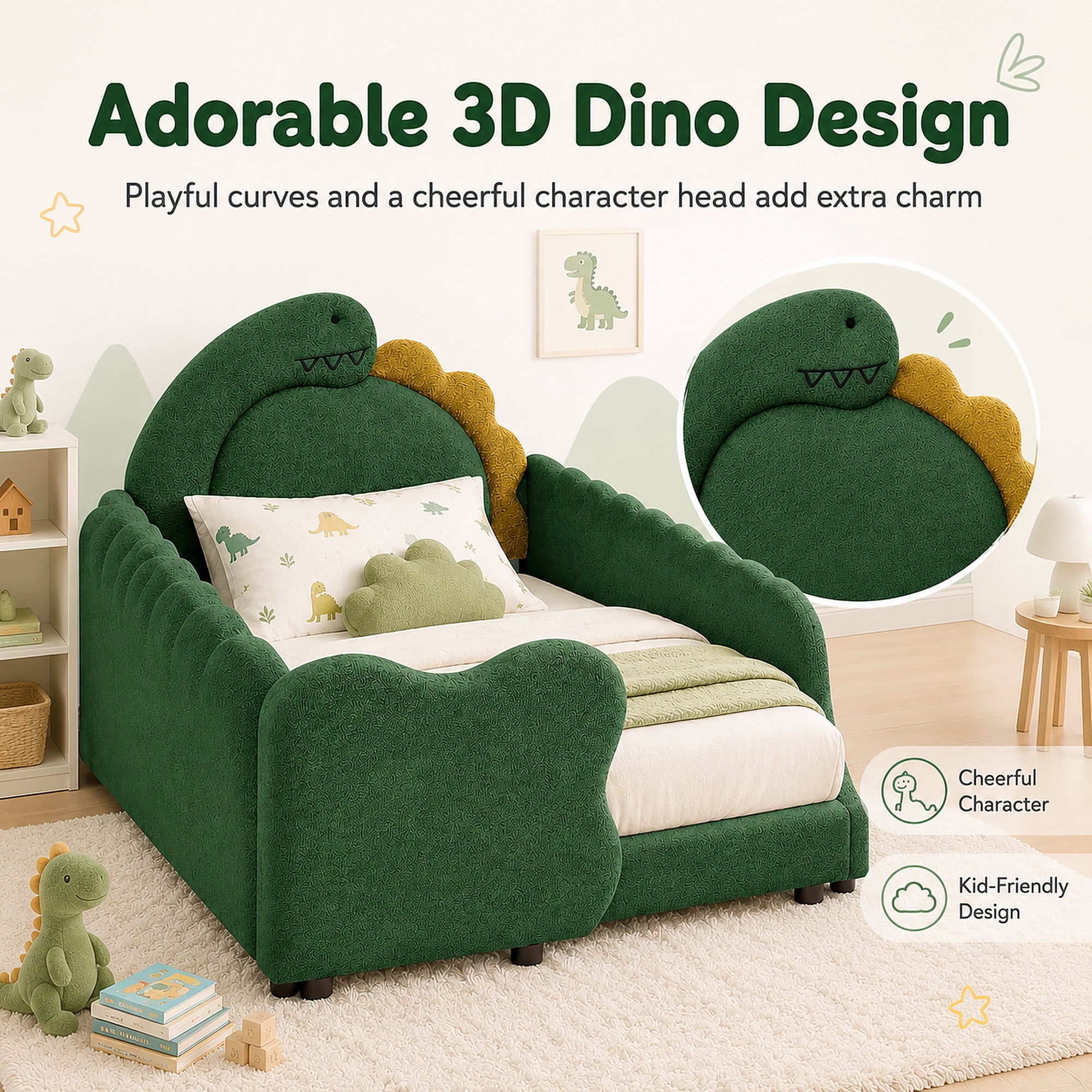 Miniyam Kids Twin Bed Frame, Boucle Upholstered Dinosaur Bed with Guardrails, Wood Slats, Green