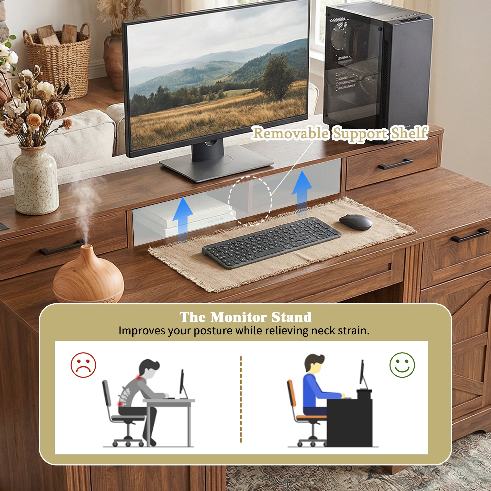 Leumius Farmhouse Office Desk with Charging Station & Storage Cabinet, Barn Door Design Home Office Study Desk with File Drawer, Monitor Stand and Keyboard Tray for Office Study Living Room Walnut