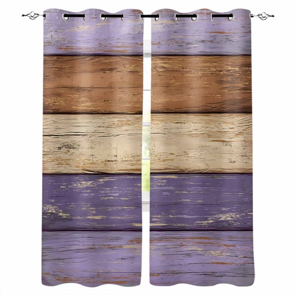 Farmhouse Purple Brown Blackout Curtains for Bedroom/Living Room, Thermal Insulated Kitchen Curtains, Vintage Wooden Striped Grommet Darkening Window Treatment Drapes 52"x84"x2