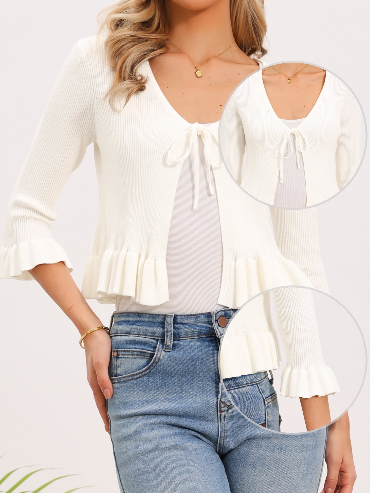 DARING DIVA Women's Ruffled Long Sleeve Rib Knit Open Front Cardigan XL White
