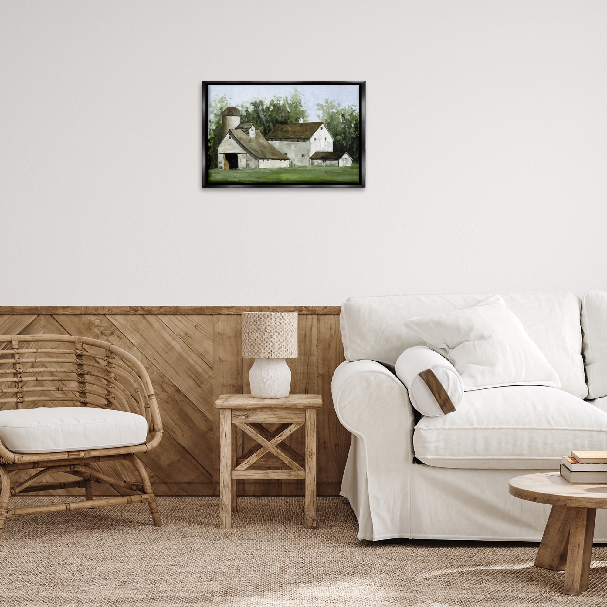 Stupell Industries White Barn Farmhouse Landscape Painting Black Floater Framed Canvas Art Print Wall Art, 25 x 17