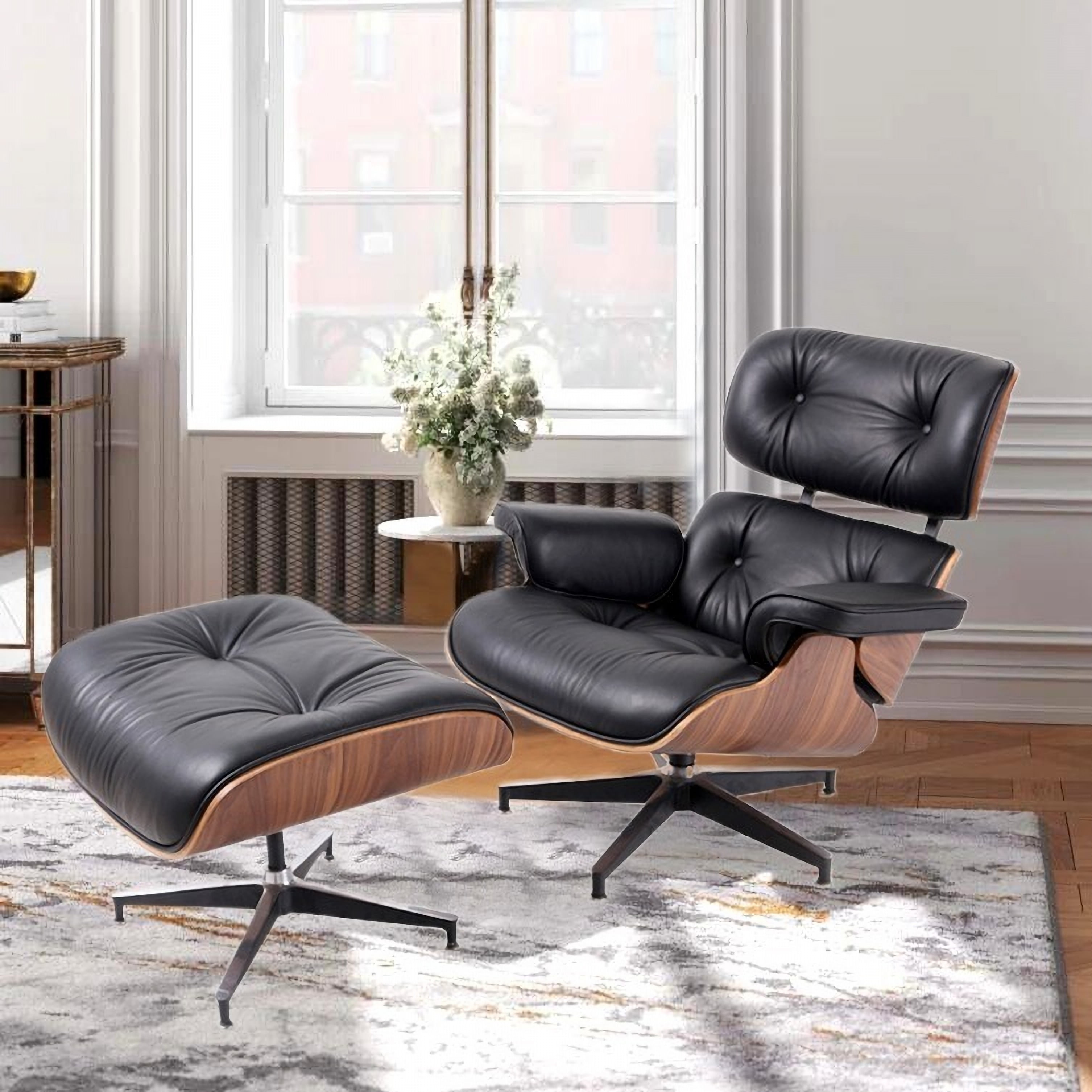 Mid-Century Modern Leather Swivel Lounge Chair With a Footstool –