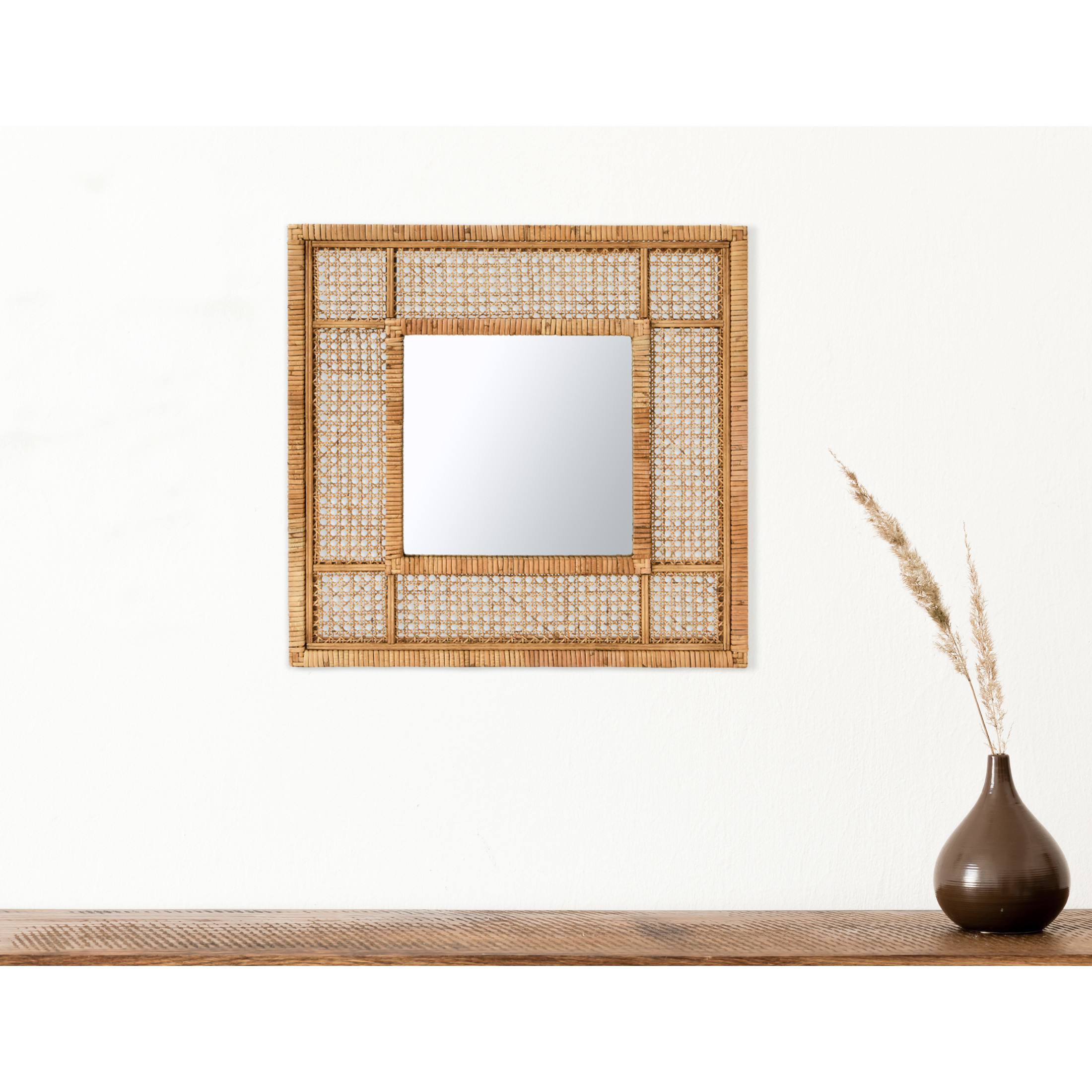 Creative Co-Op Square Boho Rattan Framed Wall Mirror, Natural
