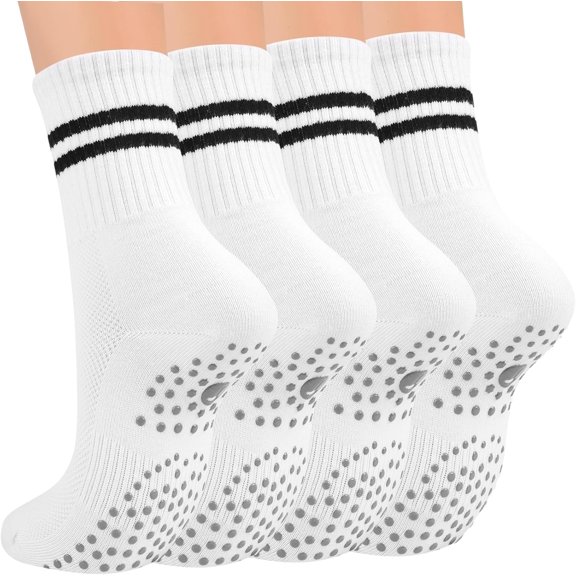 Pilates Socks for Women with Non Slip Grippers, Yoga Crew Socks for Barre Hospital Sticky Slipper Socks 4 Pairs