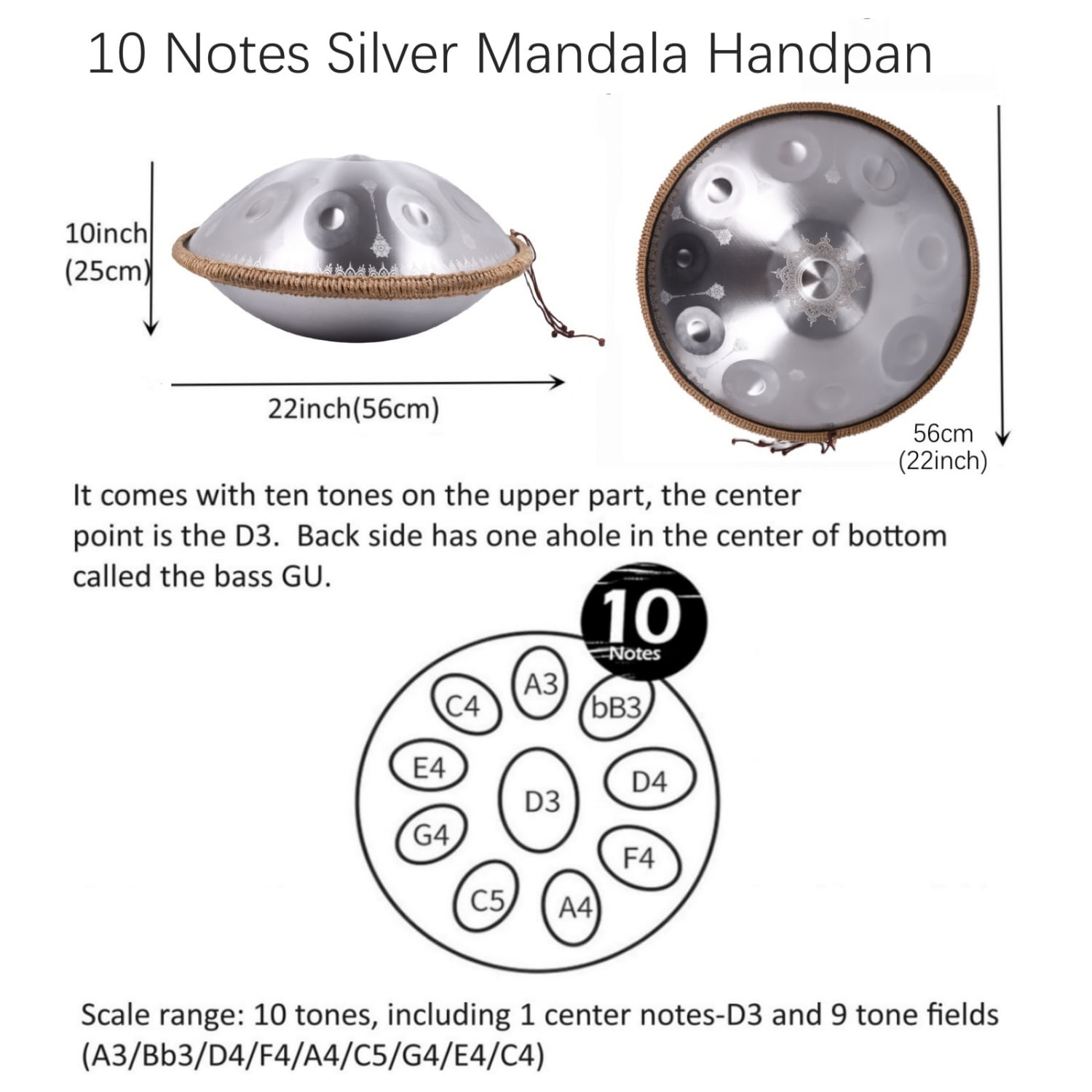 440HZ Tambourine Steel Drum in D Minor 22Inch Silver 10 Notes Mandala Handpan Percussion Drum with Soft HandPan Bag
