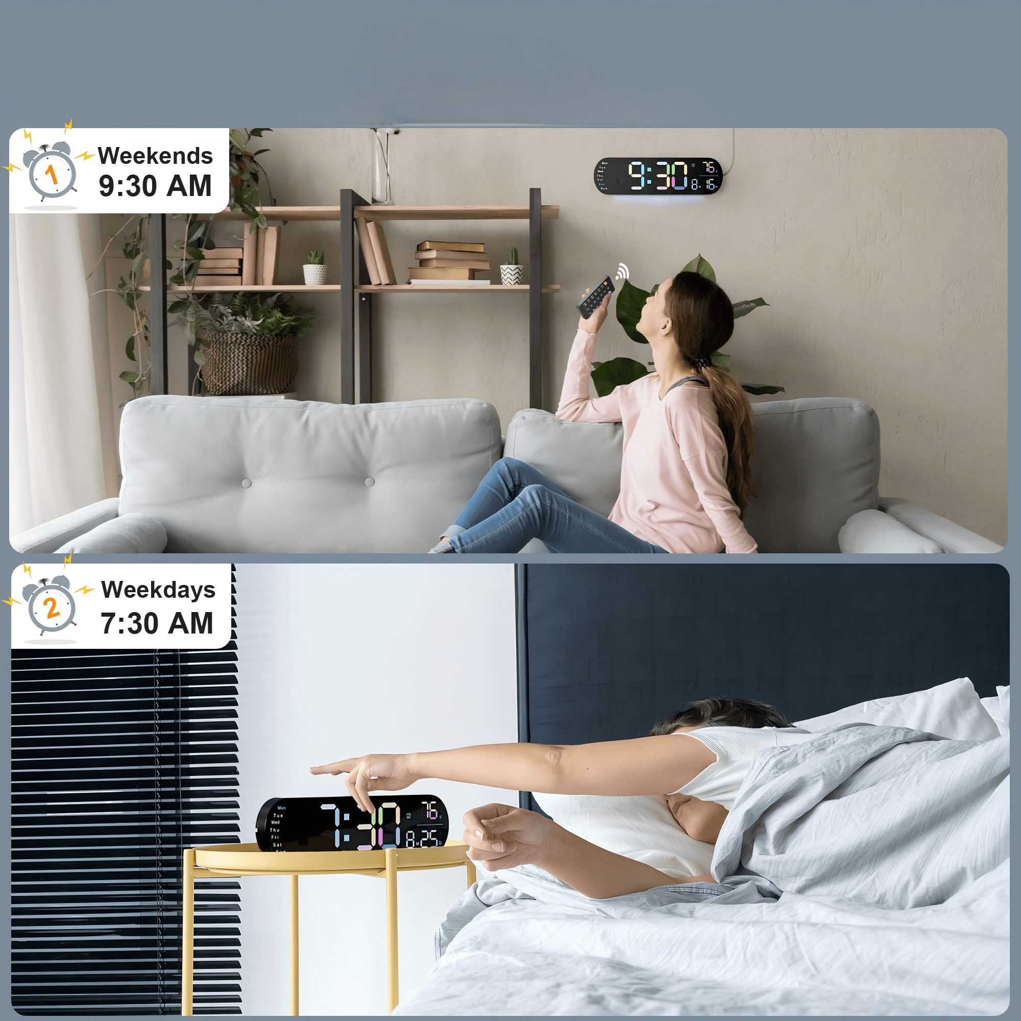 Hansang Digital Wall Clock with Remote Control, Auto-Dimming and 9 Colors, The Large Digital Clock Features a 13.7-In Wide Display