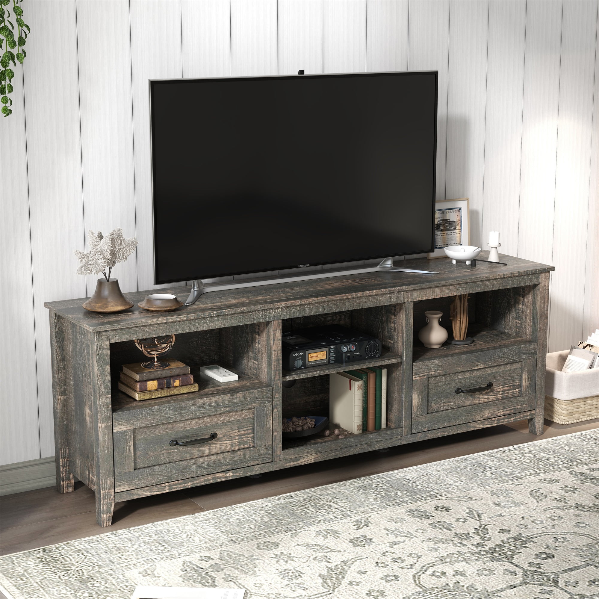 Spaco TV Stand with 2 Drawers Capacity Storage Entertainment Center for Living Room, Black Pine Spaco TV Stand with 2 Drawers Capacity Storage Entertainment Center for Living Room, Black Pine