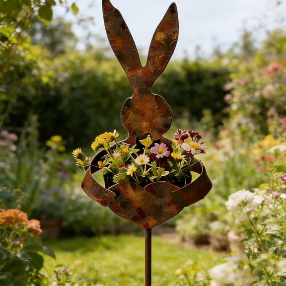 Easter Vintage Metal Rabbit Shaped Planter Garden Stake, 2026 Rustic Patina Bunny Yard Decor, Spring Flower & Succulent Display for Outdoor Garden Yard