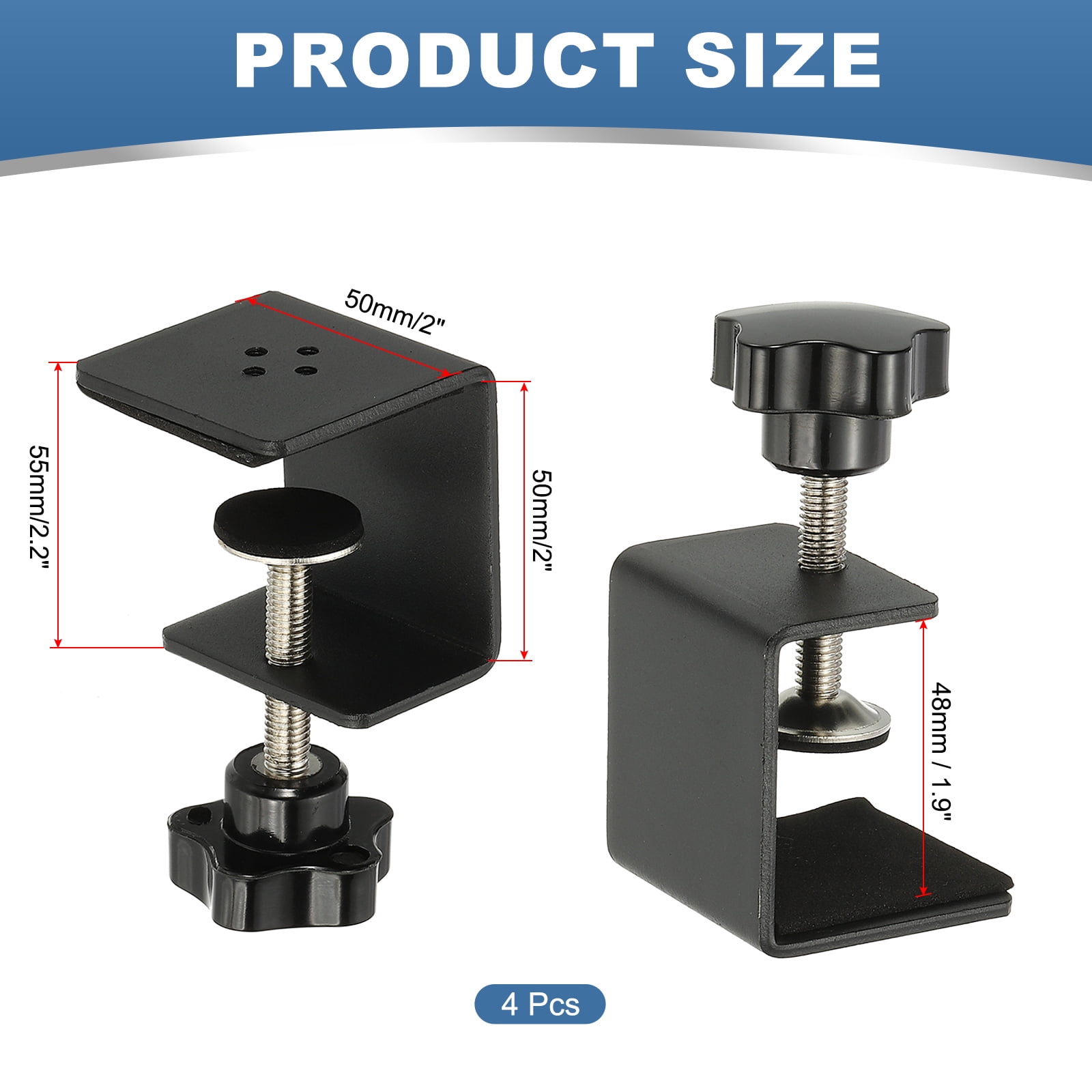 Uxcell C Clamps, 4 Pcs Heavy Duty Metal Black Desk Clamp Adjustable Mounting Table Clamp with Protective Pad for Fixing Acrylic Glass Plastic Sheets, Black