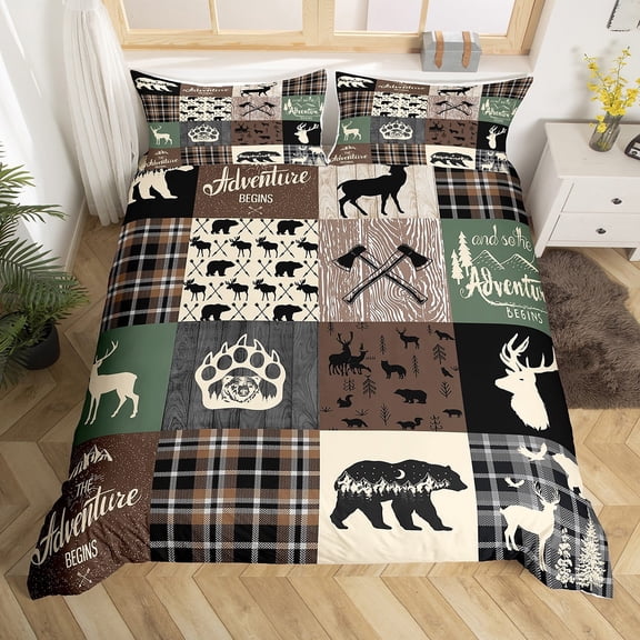 Hunting Deer Bear Duvet Cover, Rustic Farmhouse Bedding Set Cabin Decor, Vintage Buffalo Plaid Patchwork Comforter Cover Country Forest Wild Animal Bed Cover Twin Teens Adult, Brown