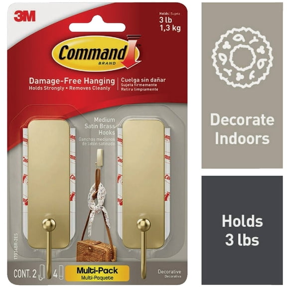 3M 118826 Satin Brass Hooks with 2 Hooks & 4 Strips - Medium - 2 Piece - Case of 4
