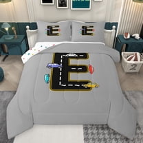 Manfei Kawaii Toy Race Car Queen Comforter Set,Colorful Vehicle Theme Bedding Sets,First Letter E Bedding Comforter Set For Kid,Super Cozy Room Decor Reversible,3-Piece