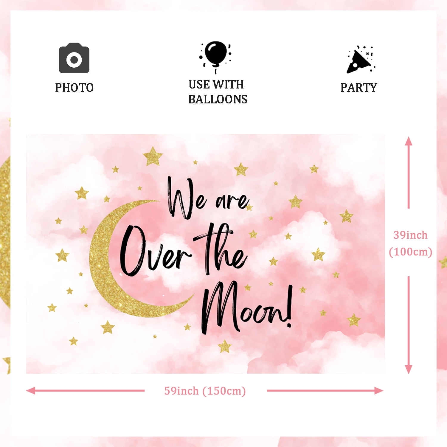 We're Over The Moon-Banner – Goldener Glitzer, 203 Cm Lang, Für Babypartys & Gender Reveal, Aus Karton