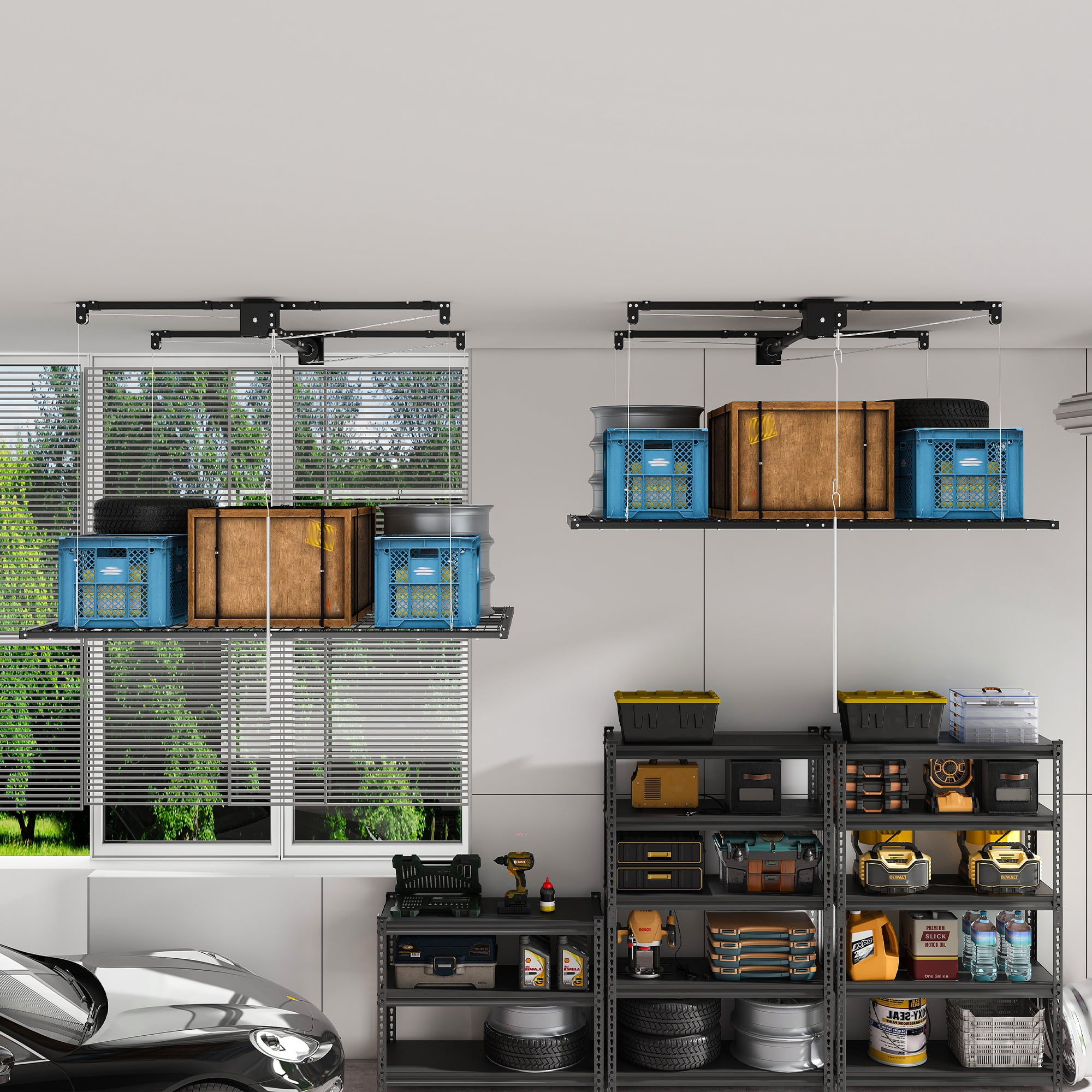 Aukfa 4x8 ft Ceiling Mounted Garage Storage Rack with Crank-Down System, 325 lbs Heavy Duty Overhead Storage Lift for Tires & Tools, Black