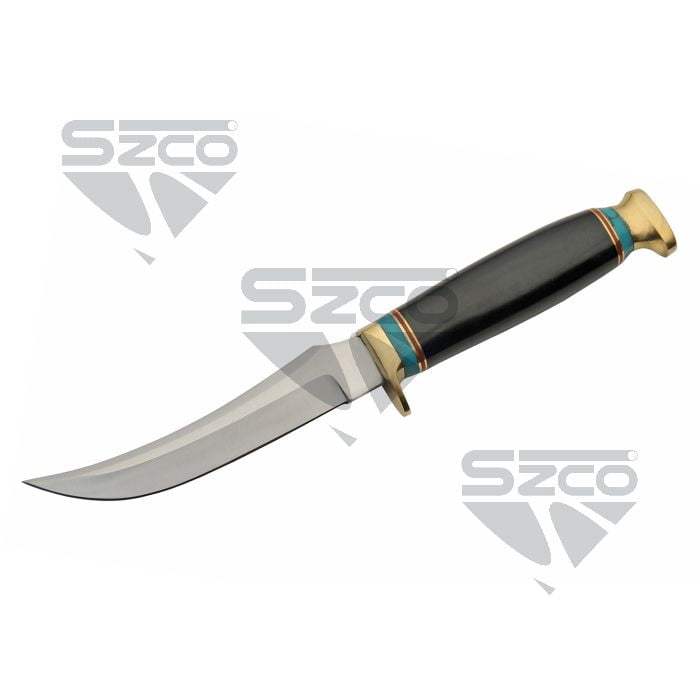 SZCO 10.75" Black Tiger Hunter Utility Knife with Stainless Steel Blade, Resin Handle, Leather Sheath