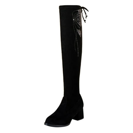 

Mackneog Ladies Solid Color Flock Butterfly Rhinestone Chunky High Heel Stretch Over Knee Boots Gift on Clearance