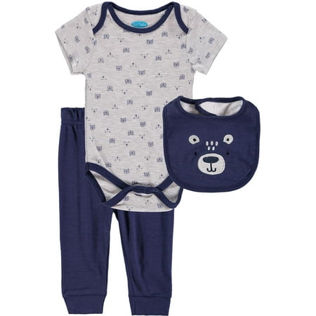 Bon Bebe Boys 0-9 Months Bear Bodysuit Pant Set with Bib(Navy 6-9 Months)