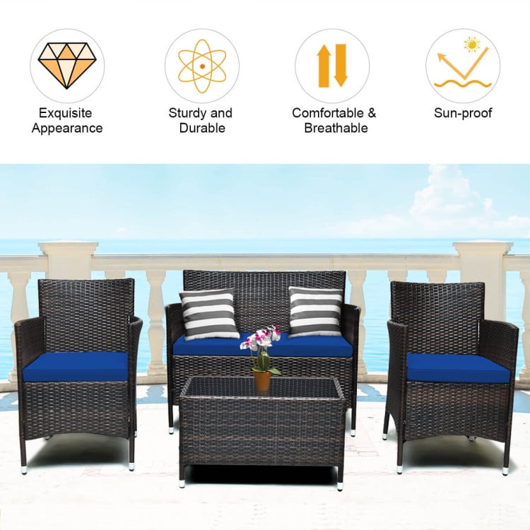 Aimee Lii 4 Pieces Patio Cushioned Wicker Conversation Set, Outdoor Sectional Set with with Glass Coffee Table, Navy Aimee Lii 4 Pieces Patio Cushioned Wicker Conversation Set, Outdoor Sectional Set with with Glass Coffee Table, Navy