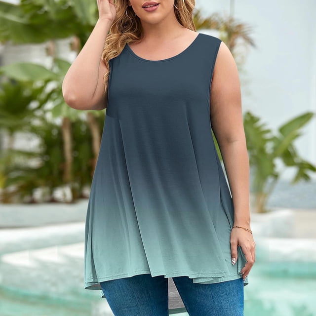 Meichang Débardeurs Sans Manches pour Femmes Été Grande Taille Tunique Tendance Dégradé Col Rond Décontracté Ample