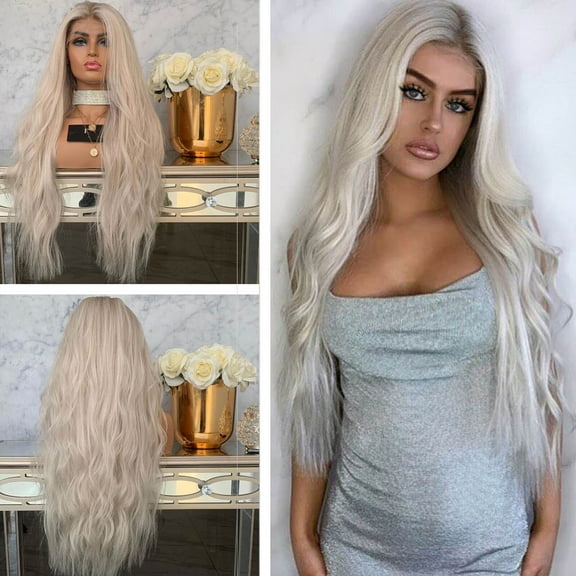 DOPI Women's Fashion Front lace Wig Gray Synthetic Hair Long Wigs Wave Curly Wig