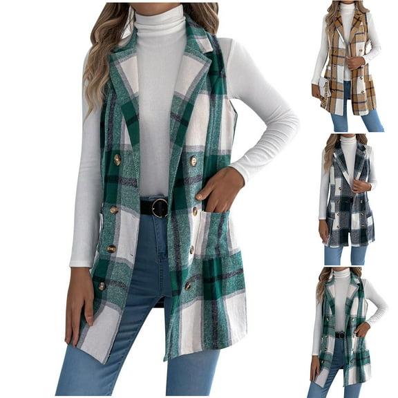 Ashirexll Fleece Vest Women, Womens Winter Coats, Casual Plaid Fall And Winter Button Turndown Collar Sleeveless Outwear Jacket