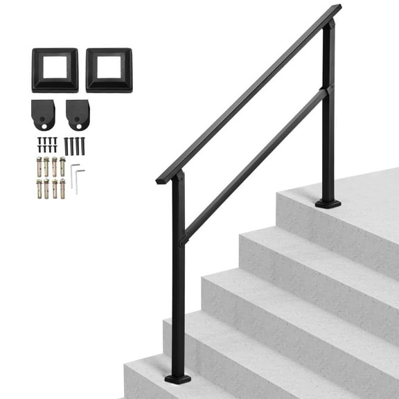 VEVOR Outdoor Handrails for Steps, 4-5 Step Stair Rail Kit, Black Square Tube with Horizontal Bar, Carbon Steel Support Rails