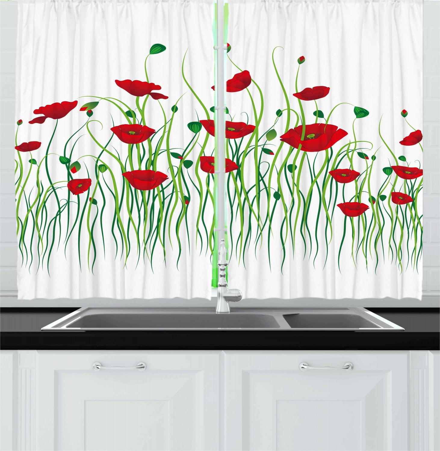 Poppy Curtains 2 Panels Set, Scarlet Flowers and Buds on a Rural Field