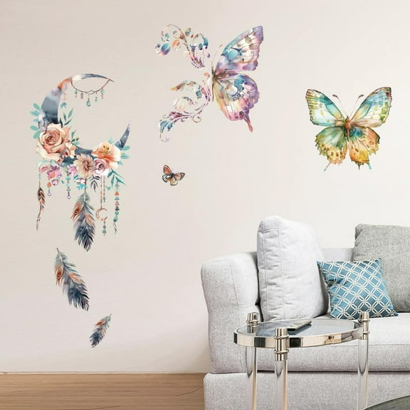 Butterfly and Dreamcatcher Wall Stickers Decals Decor Removable Peel and Stick 2 Sheets 11.8" x 35.4" Vinyl 3D Wall Mural for Bedroom Living Room Nursery Bathroom Classroom Playroom