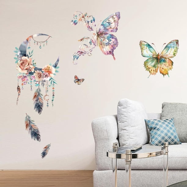 Pegatinas de pared de mariposas y atrapasueños, decoración extraíble, despegables y adhesivas, 2 hojas de 30 x 89 cm, vinilo 3D.