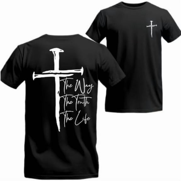 Christian Scripture Graphic T-Shirt - The Way Truth Life Print Short Sleeve Tee with Minimalist Cross Design, Inspirational Tops