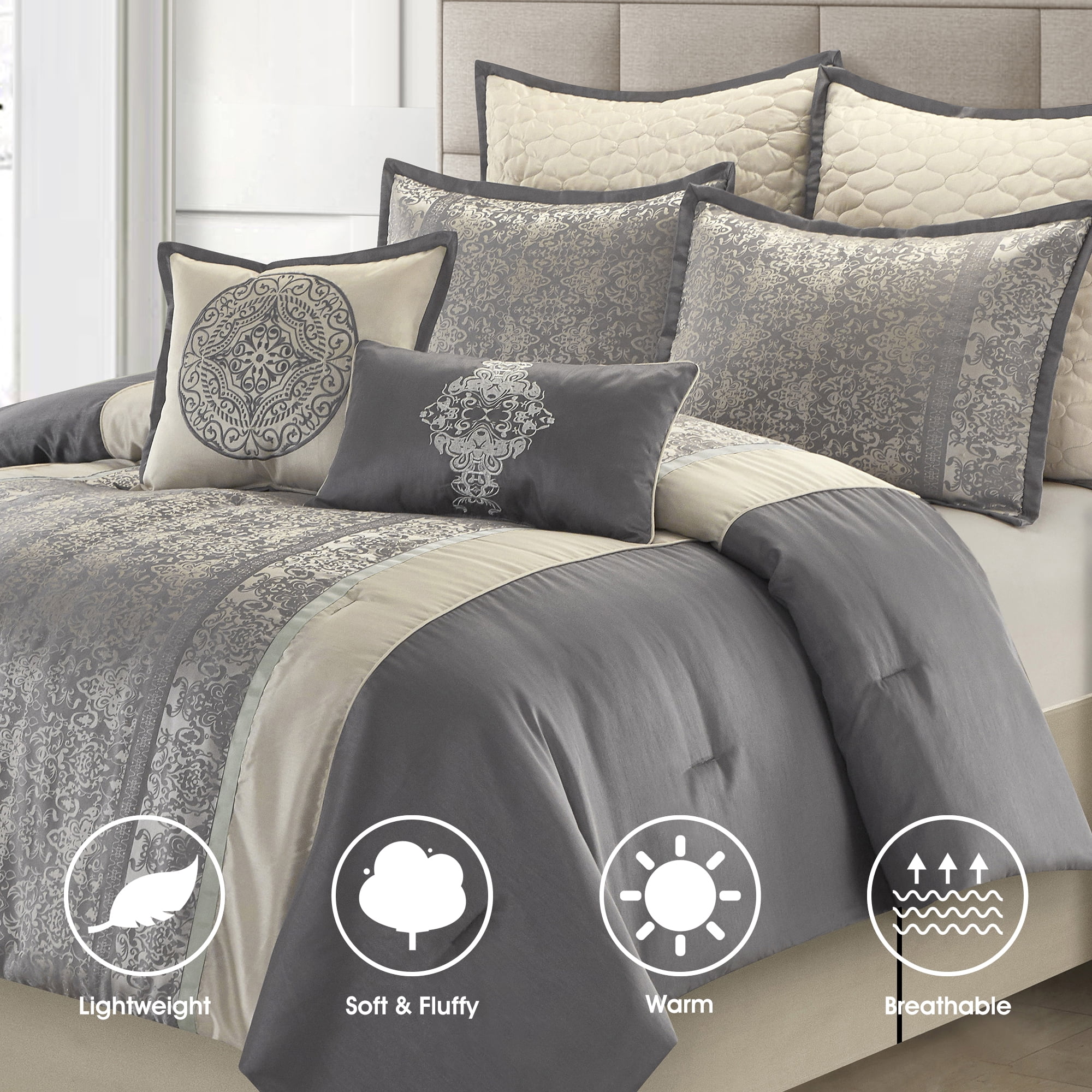 Lanco Damask 8 Piece Comforter Set, Silver/Ivory, King, Fill Polyester, Patchwork