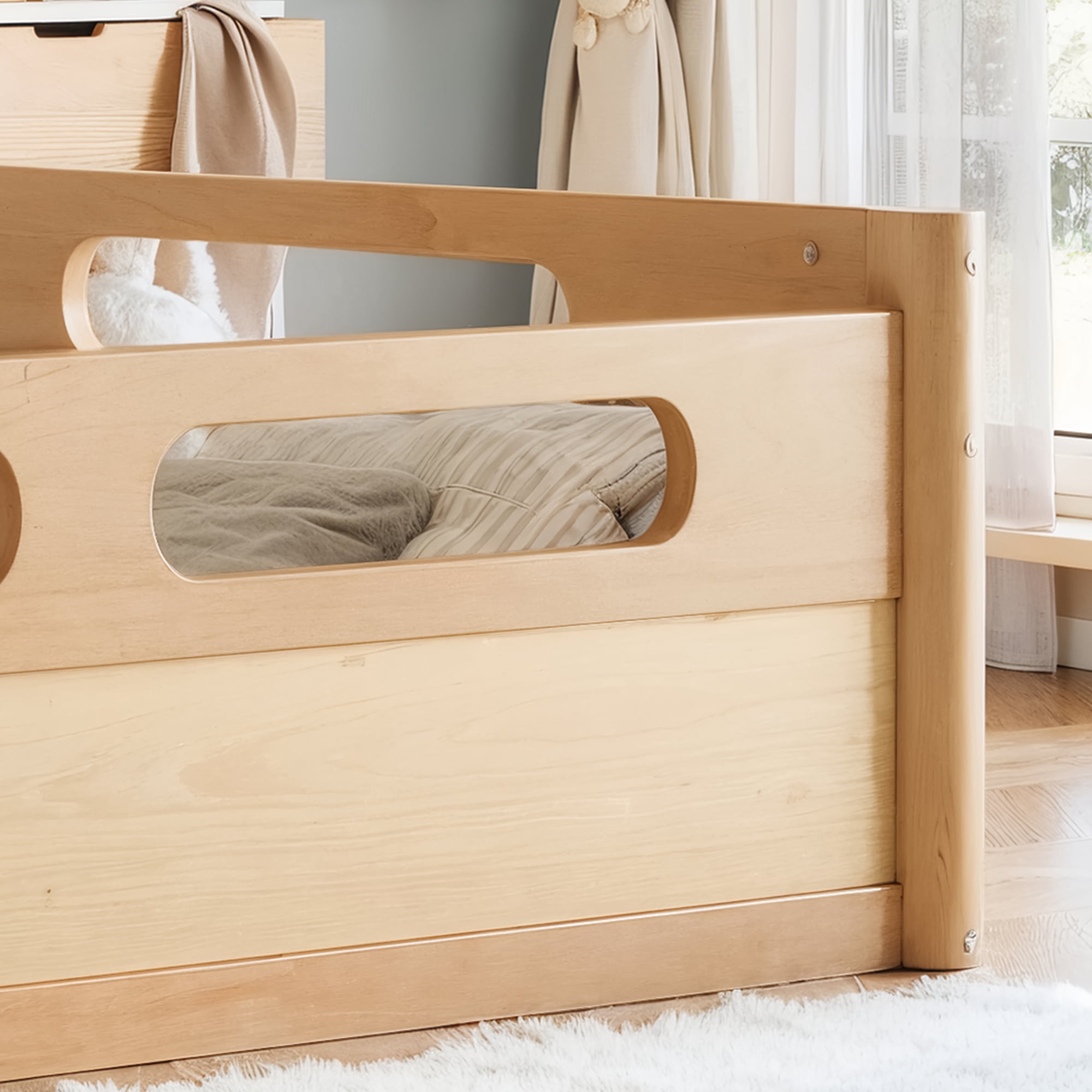 Leumius Queen Size Floor Bed with Full-length Guardrails,Low Profile Montessori Bed Frame,Easy Assembly, No Box Spring Needed,Natural