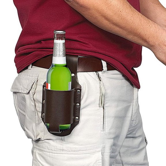 POINTERTECK PU Leather Beer Holster for Up To Approx. 0.5 Liters Beer Bottle Beer Can Soda Beverage Holder Brown