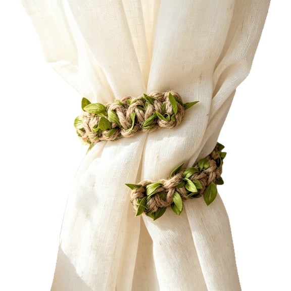 4-Pack Handwoven Leaf-Shaped Jute Rope Curtain Tiebacks – Flexible Twist Tie Backs for Drapes, Sheers, Window Treatments & Home Decor