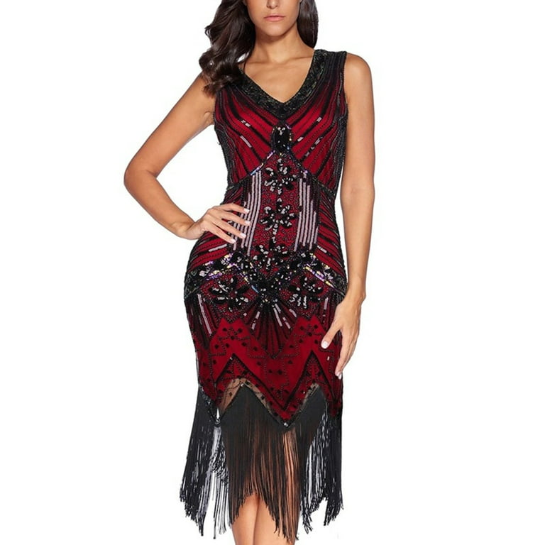 For Kids Adults Sets Women's 1920s Flapper Dress Vintage Lace Fringed Dress with 20s Accessories Set Brick Red, L, Size: Large