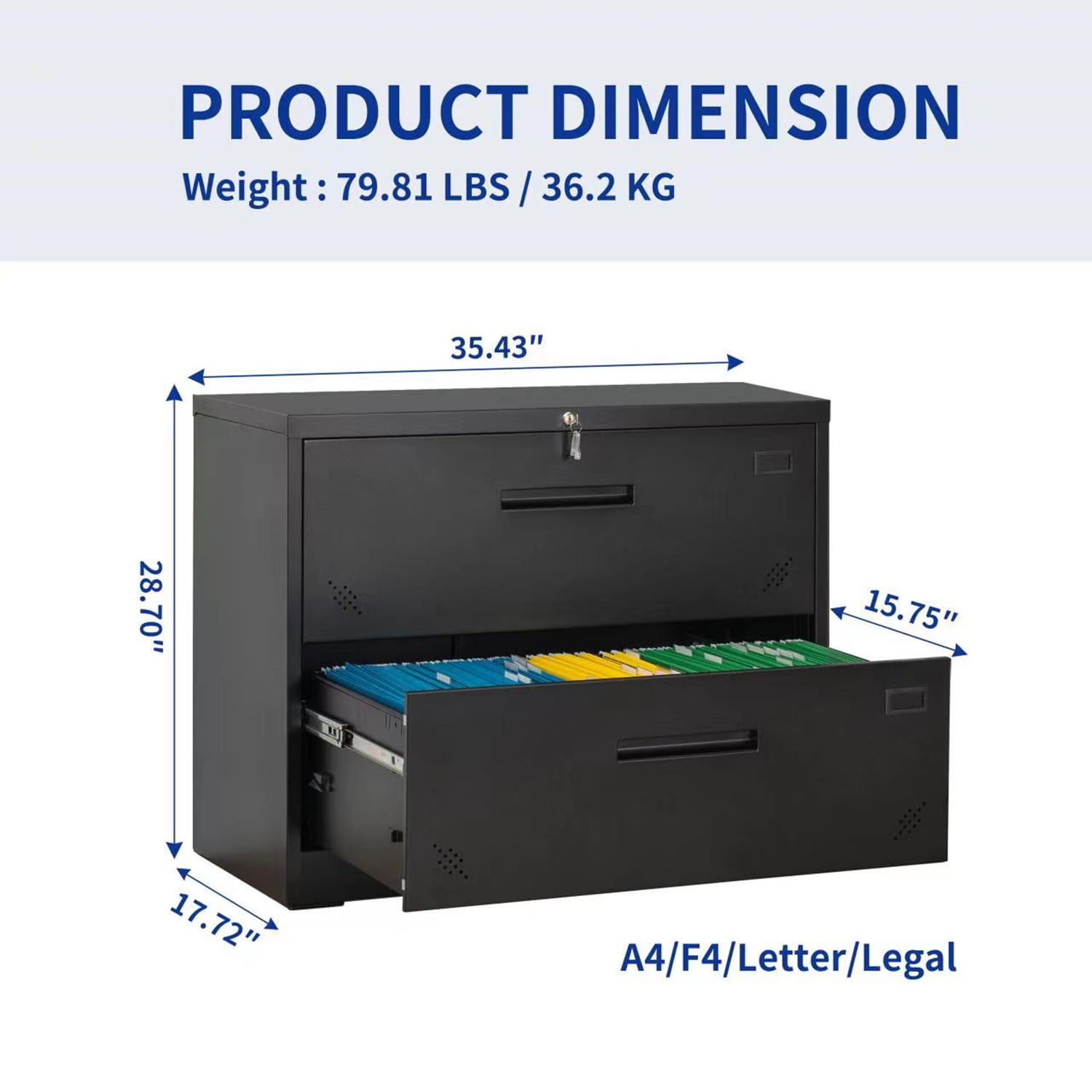 Kadyn Lateral File Storage Cabinet, 2 Drawer Filing Cabinet for Legal/Letter A4 Size, Steel Office Wide File Cabinet with Lock, Black Kadyn Lateral File Storage Cabinet, 2 Drawer Filing Cabinet for Legal/Letter A4 Size, Steel Office Wide File Cabinet with Lock, Black