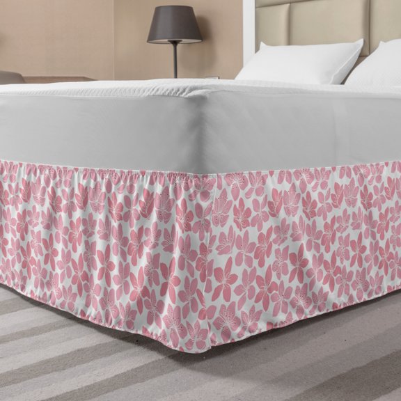 Cherry Blossom Bed Skirt, Unevenly Aligned 5 Petal Sakura Flowers with White Stamens, Elastic Bedskirt Dust Ruffle Wrap Around for Bedding Decor, 4 Sizes, Pale Pink Ruby and White, by Ambesonne