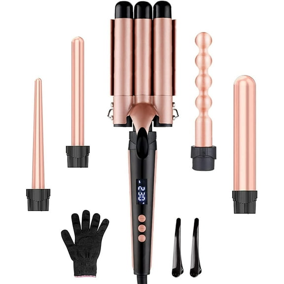 Curling Wand Iron, 5-in-1 Multifunction Curling Tongs Set with Interchangeable Ceramic Coating Barrels, Curling Wand for Long/Short Hair, LCD Display for Different Size Curls and Waves